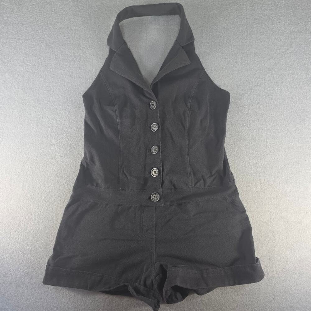 GUESS Black Halter Neck Romper Button Front Open Back Cuffed Shorts Women Size M